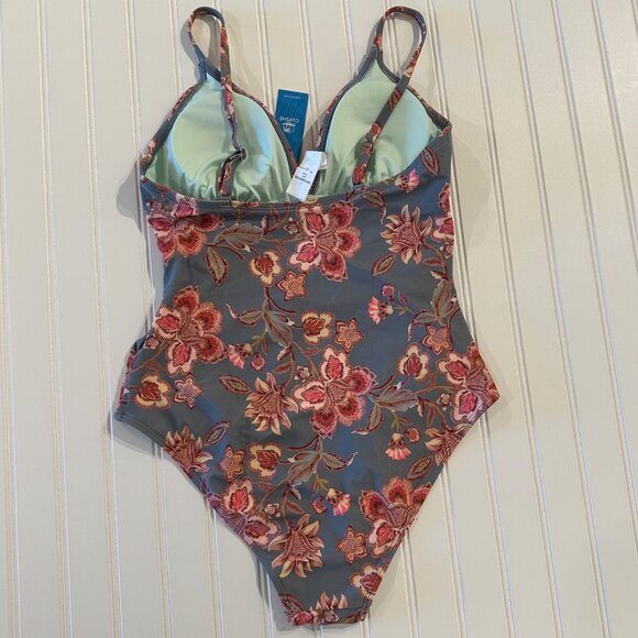 Cupshe Women 1Piece Swimsuit Large Gray Retro Floral Tummy V-Neck Tummy Control - Picture 2 of 7